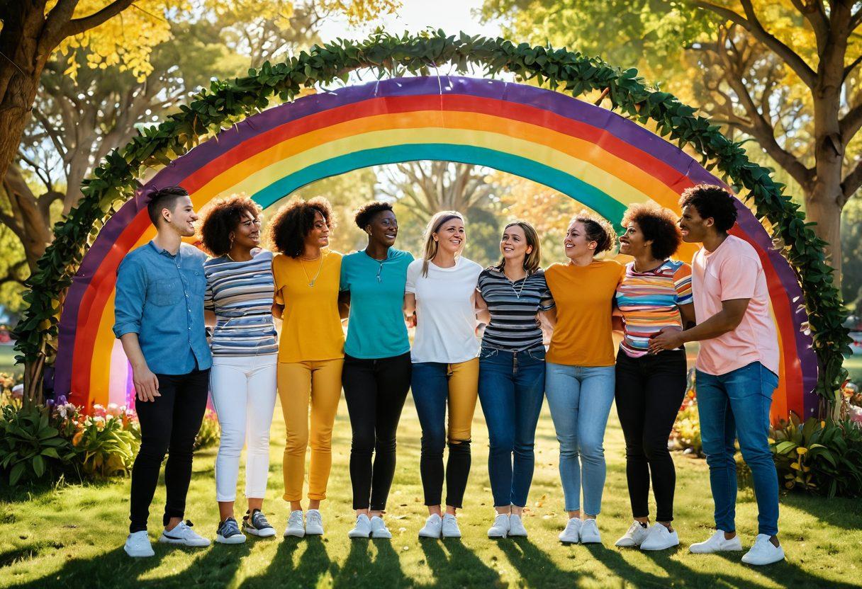A heartwarming scene depicting a diverse group of LGBTQ+ friends gathered in a cozy park, joyfully sharing laughter and stories. Each individual represents a different identity with colorful clothing, holding hands and embracing under a rainbow arch. Soft sunlight filters through trees, illuminating their smiles and the vibrant colors around them. The atmosphere is filled with warmth and compassion, embodying friendship and love. super-realistic. vibrant colors. warm tones.