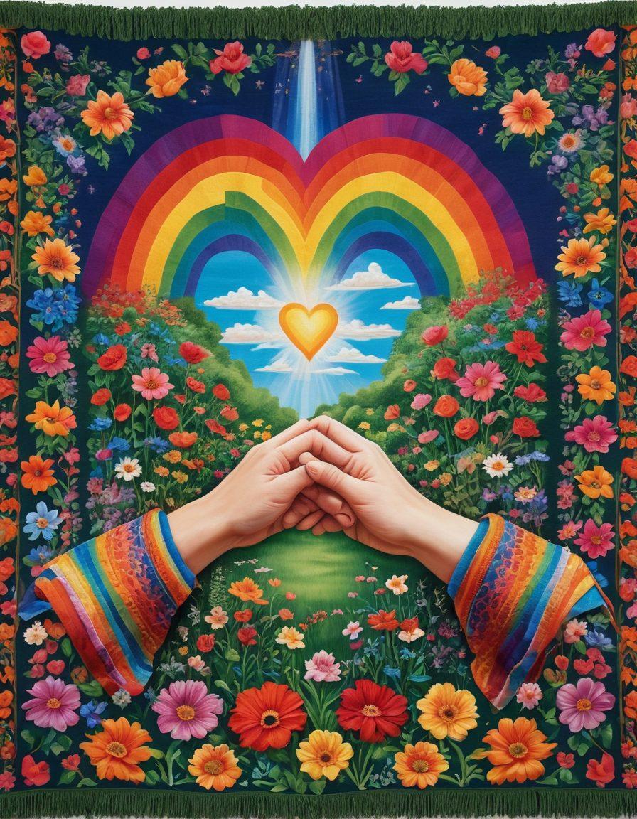 A vibrant and colorful tapestry lovingly woven with symbols of love and support, such as rainbows, hearts, and intertwined hands. Each strand represents diverse queer allies in joyous moments together, showcasing unity and celebration. The backdrop features a beautiful garden filled with blooming flowers, symbolizing growth and harmony. super-realistic. vibrant colors. 3D.