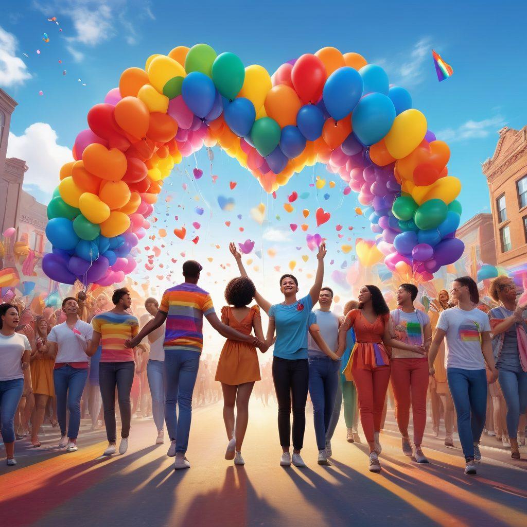 A vibrant and colorful parade scene showcasing diverse members of the LGBTQ+ community holding hands, smiling, and celebrating together. Balloons and rainbow flags fill the background, with a large heart-shaped arch symbolizing love and unity. The sky is bright blue, enhancing the joyful atmosphere. super-realistic. vibrant colors. 3D.